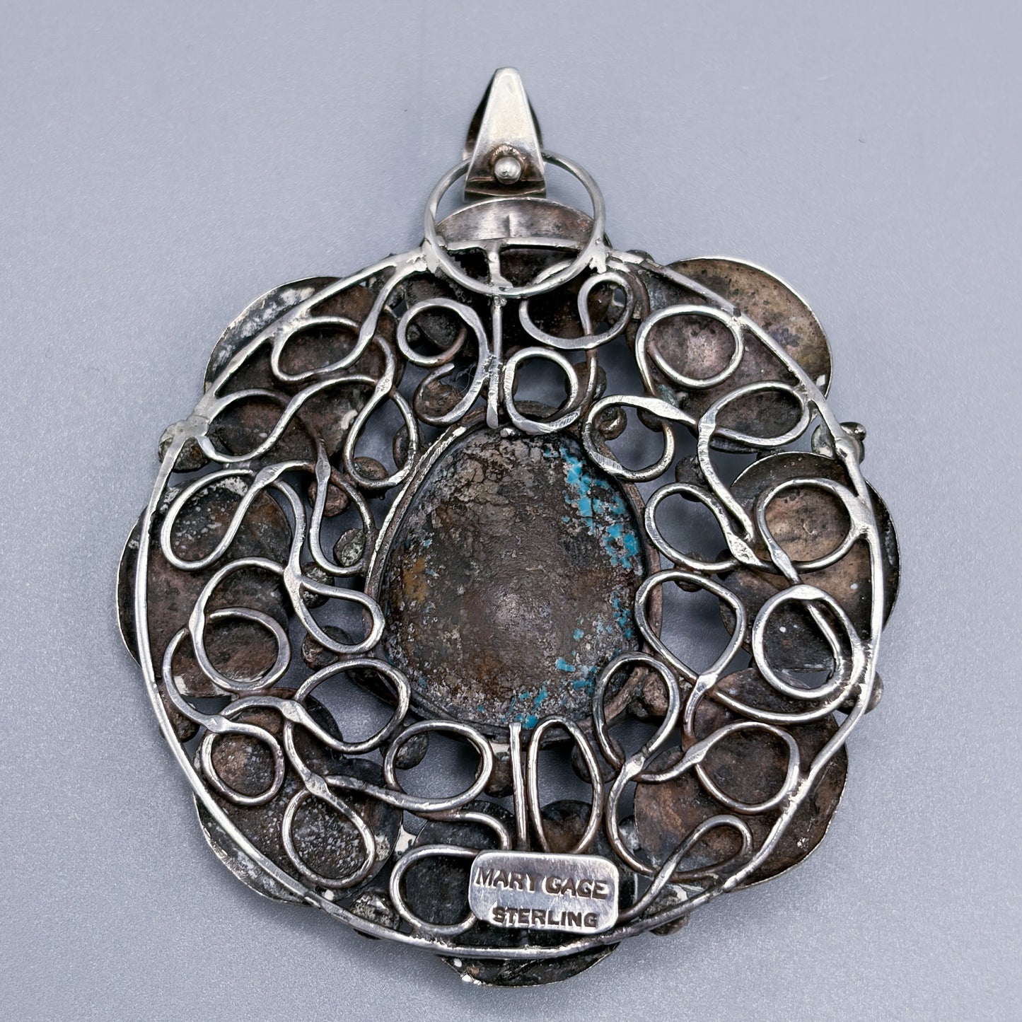 Estate Sterling Silver Mary Gage Collar Necklace with Spider Vein Natural Turquoise Bisbee