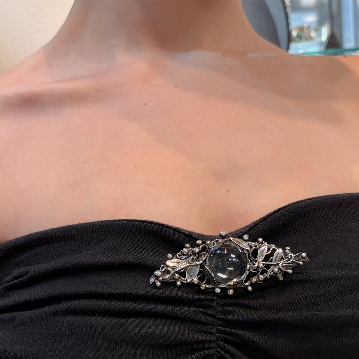 Estate Sterling Silver Hand Wrought Brooch with Rock Crystal by Mary Gage