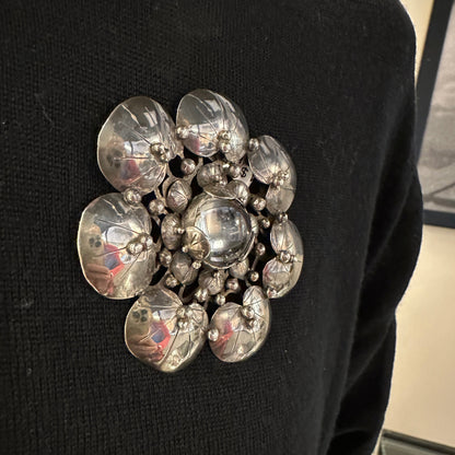 Estate Mary Gage Sterling Silver and Crystal Quartz Cabochon Modernist Lilypad Brooch