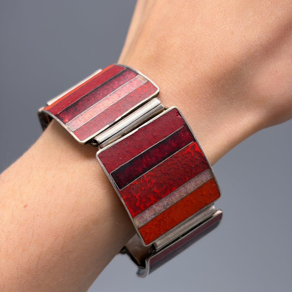 Estate German Polychrome Matte Enamel & Sterling Silver Large Link Bracelet No 19