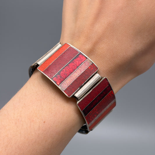 Estate German Polychrome Matte Enamel & Sterling Silver Large Link Bracelet No 19
