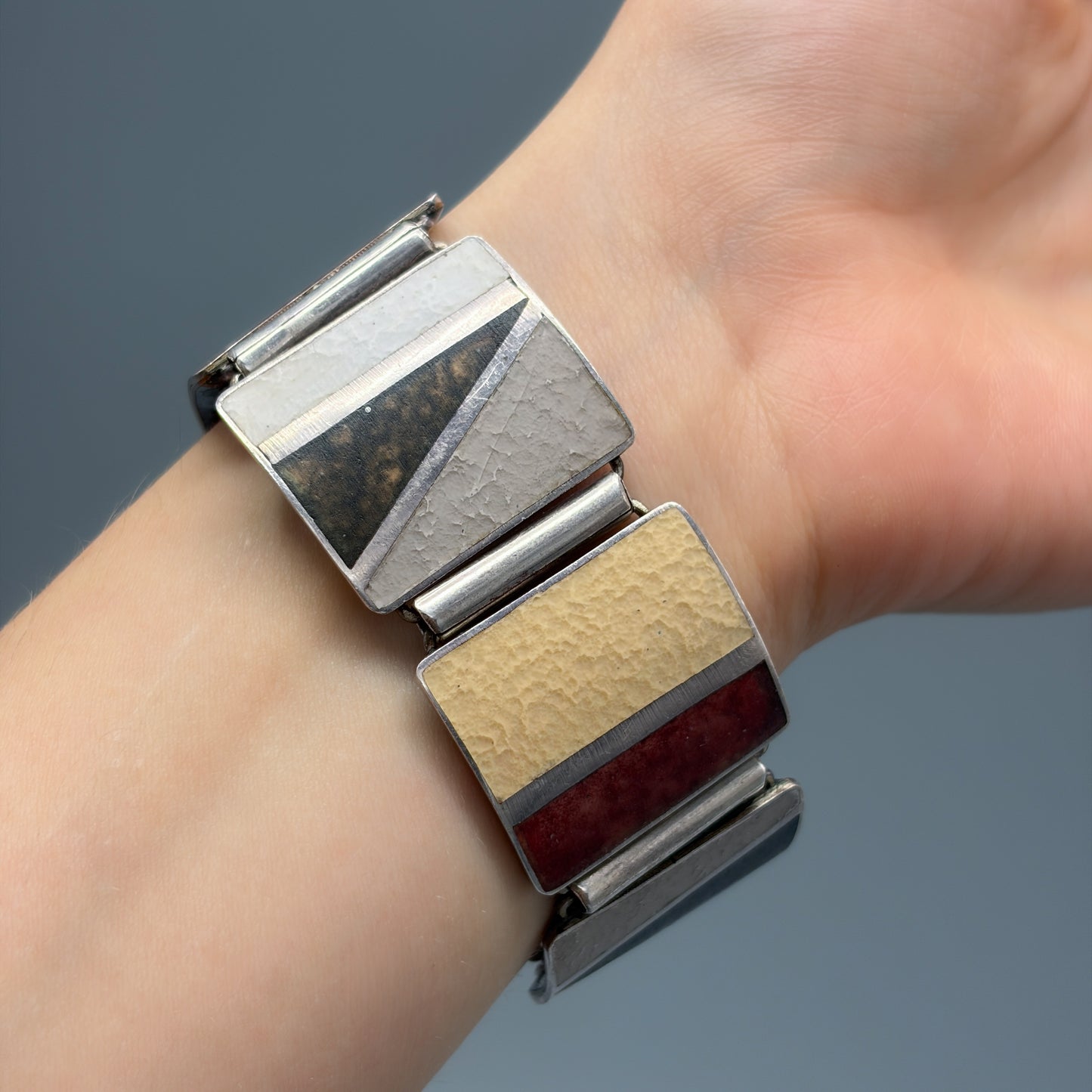 Estate German Polychrome Matte Enamel & Sterling Silver Large Link Bracelet No 18