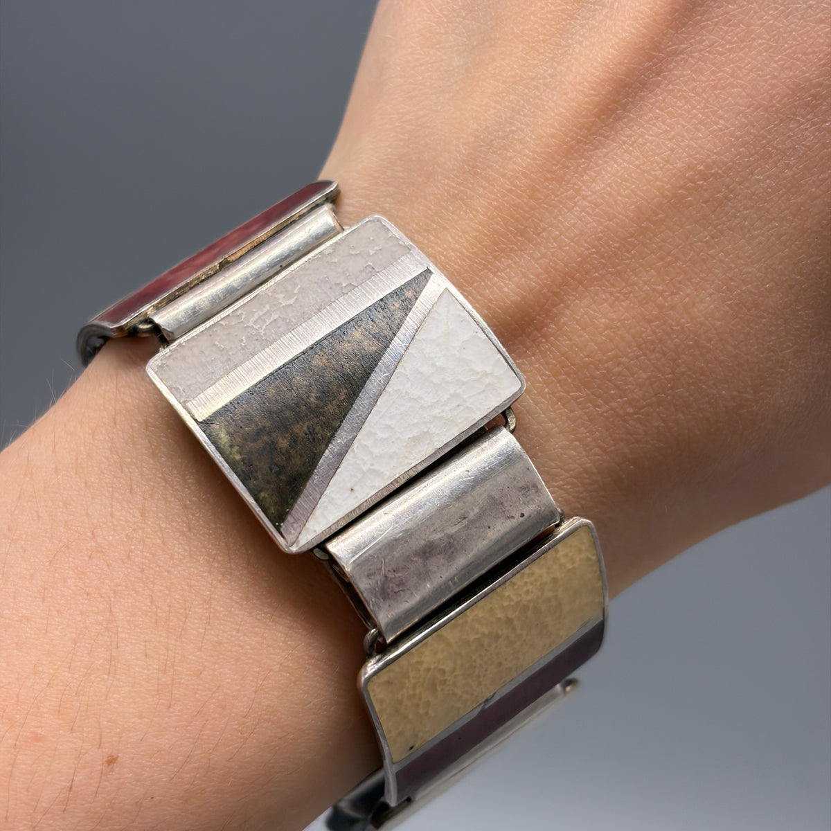 Estate German Polychrome Matte Enamel & Sterling Silver Large Link Bracelet No 18