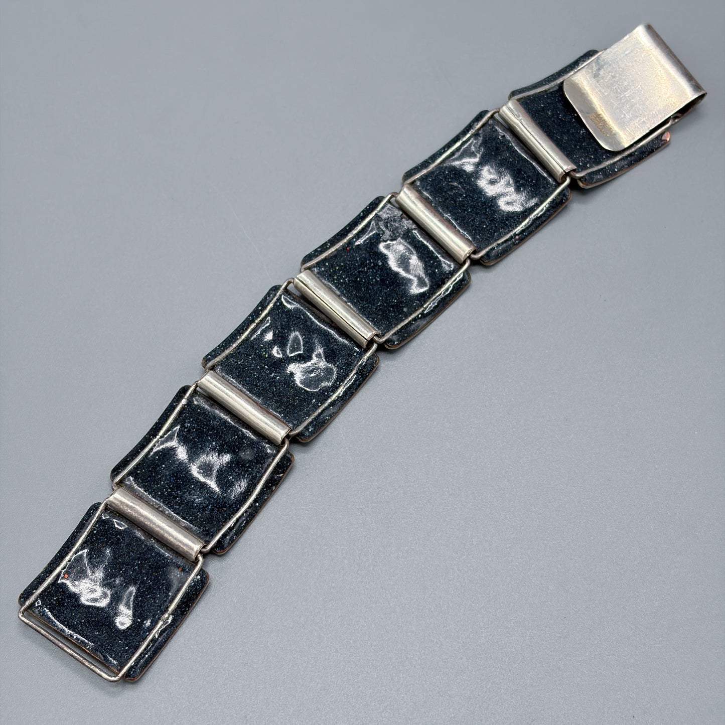 Estate German Polychrome Matte Enamel & Sterling Silver Large Link Bracelet No 18