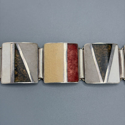 Estate German Polychrome Matte Enamel & Sterling Silver Large Link Bracelet No 18