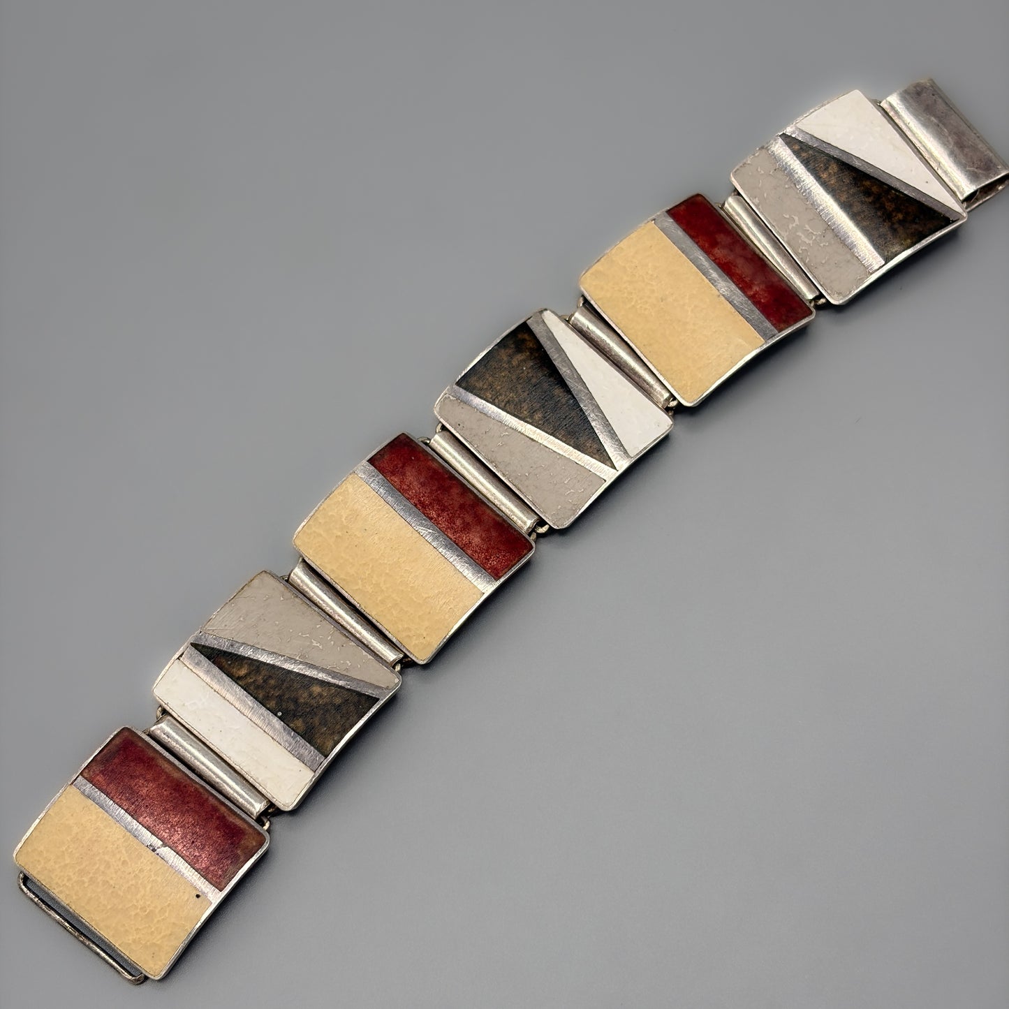 Estate German Polychrome Matte Enamel & Sterling Silver Large Link Bracelet No 18