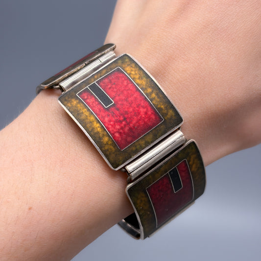 Estate German Polychrome Matte Enamel & Sterling Silver Large Link Bracelet No 17