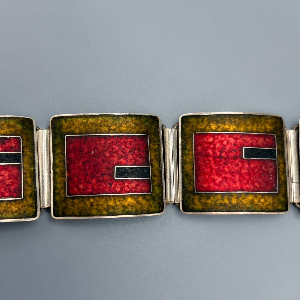 Estate German Polychrome Matte Enamel & Sterling Silver Large Link Bracelet No 17