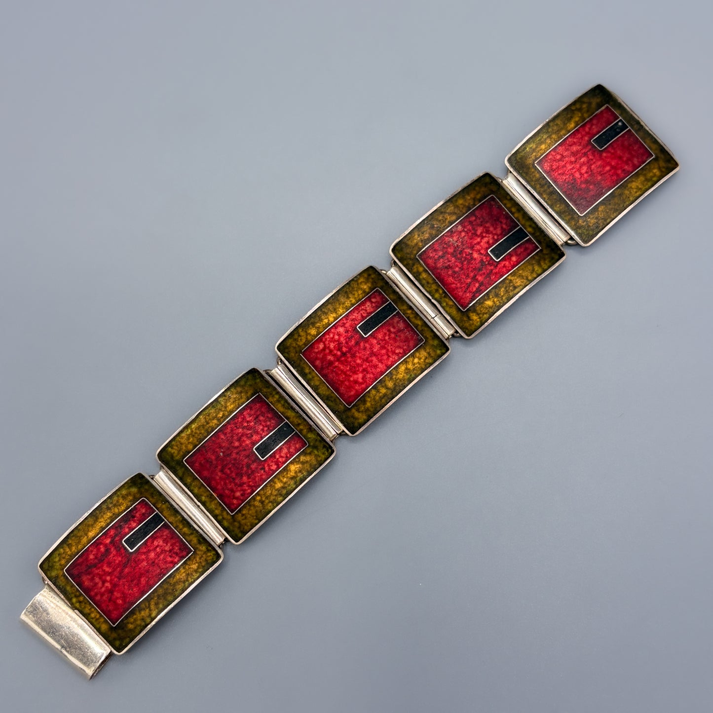 Estate German Polychrome Matte Enamel & Sterling Silver Large Link Bracelet No 17