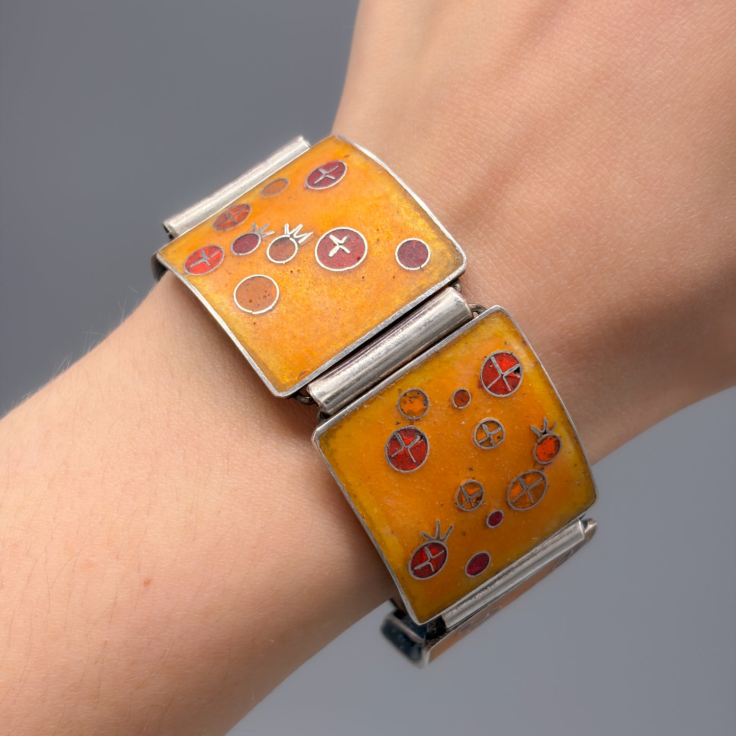 Estate German Polychrome Matte Enamel & Sterling Silver Large Link Bracelet No 13