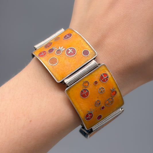 Estate German Polychrome Matte Enamel & Sterling Silver Large Link Bracelet No 13