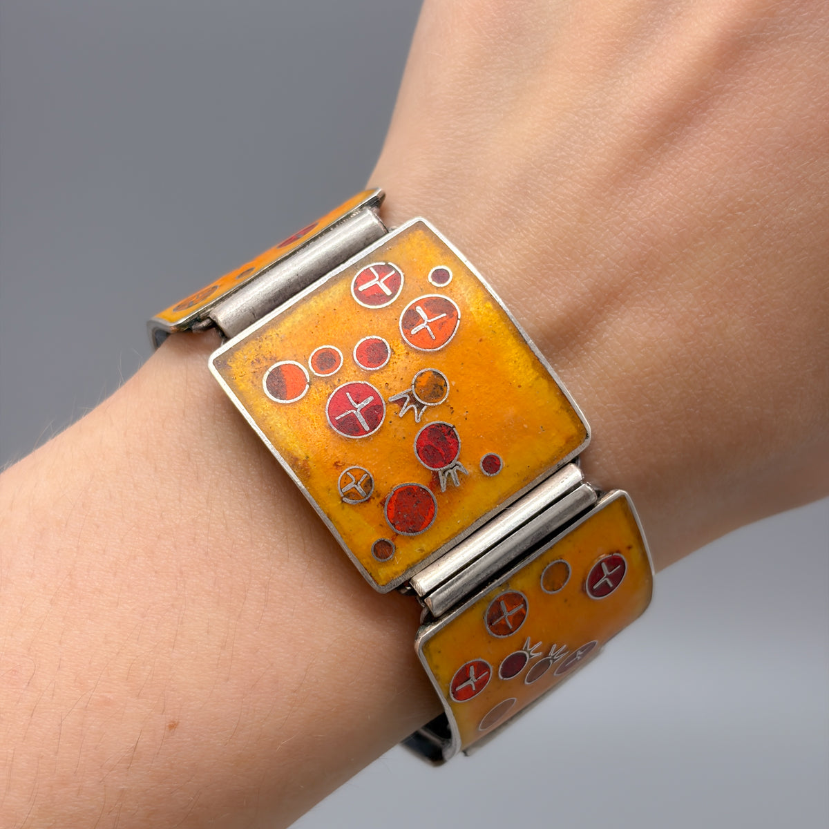 Estate German Polychrome Matte Enamel & Sterling Silver Large Link Bracelet No 13