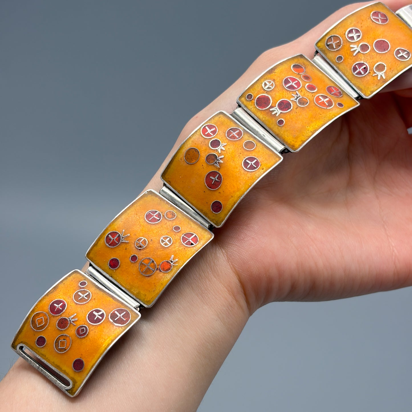 Estate German Polychrome Matte Enamel & Sterling Silver Large Link Bracelet No 13