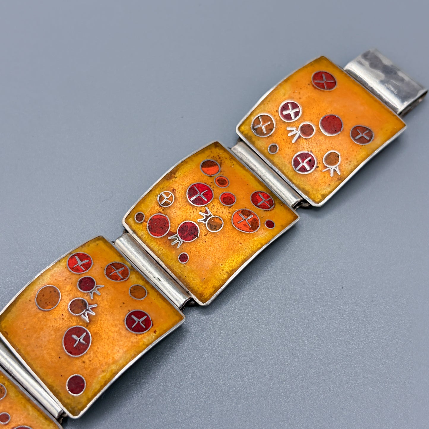 Estate German Polychrome Matte Enamel & Sterling Silver Large Link Bracelet No 13