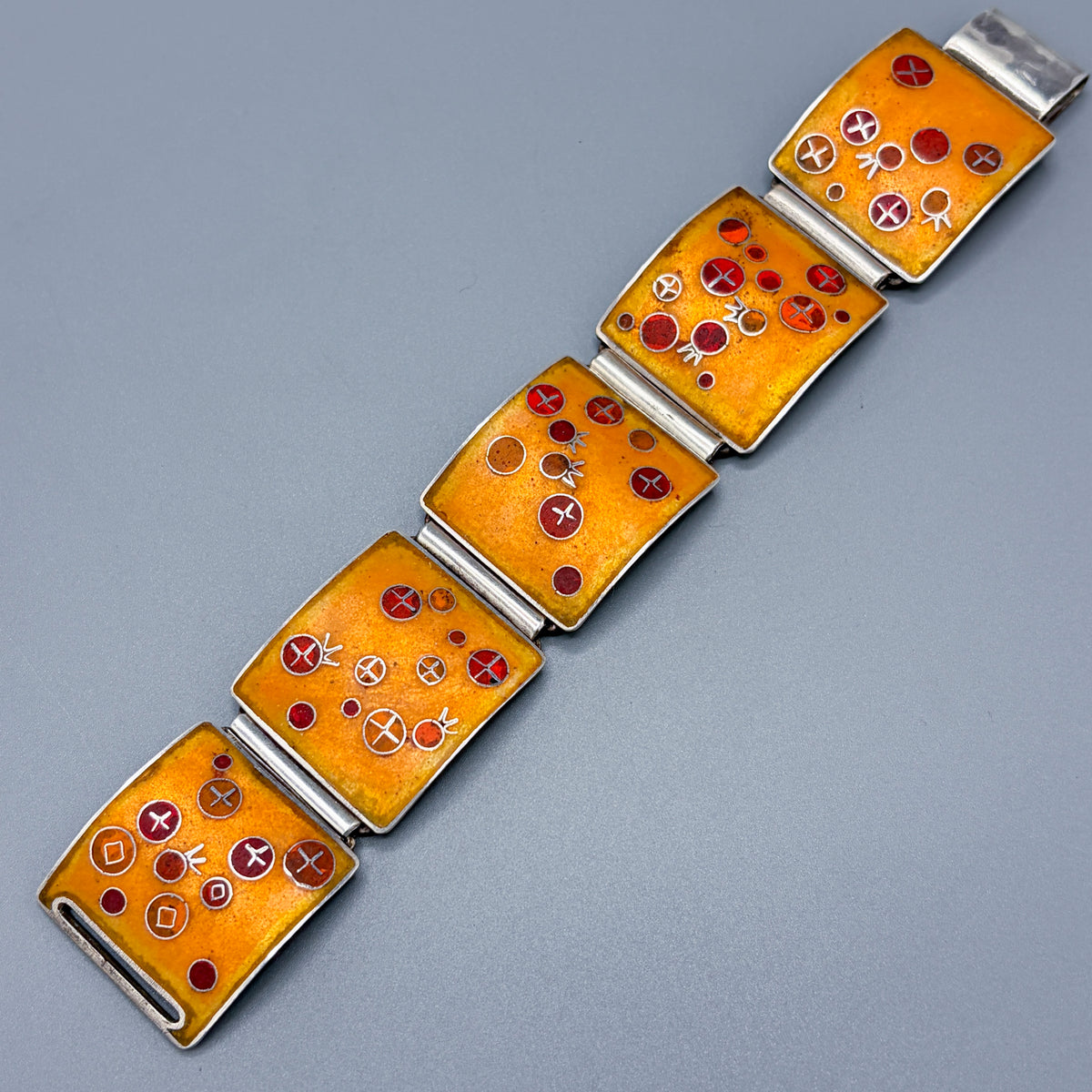 Estate German Polychrome Matte Enamel & Sterling Silver Large Link Bracelet No 13