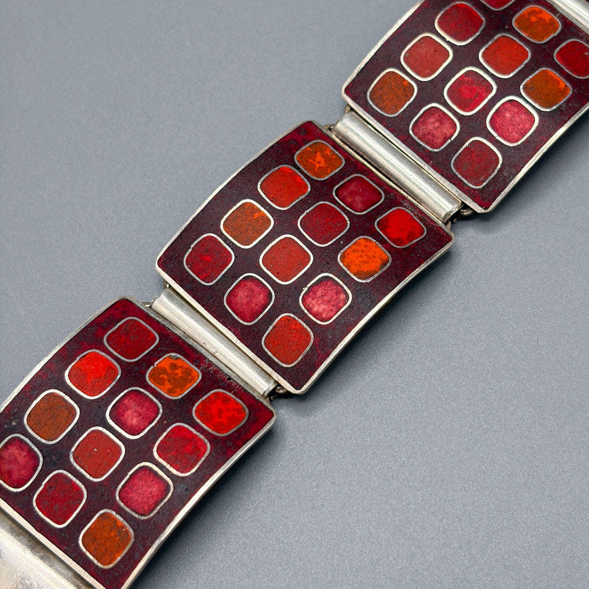 Estate German Polychrome Matte Enamel & Sterling Silver Large Link Bracelet No 12