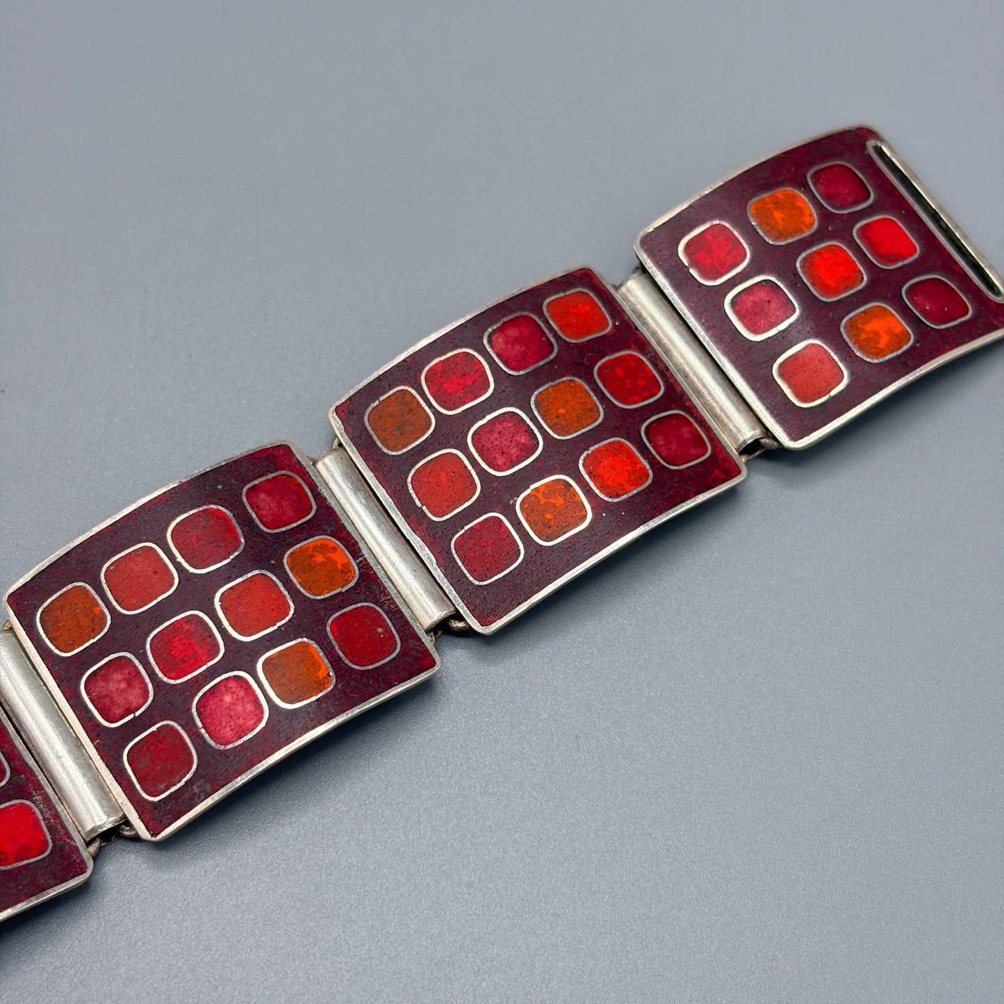 Estate German Polychrome Matte Enamel & Sterling Silver Large Link Bracelet No 12