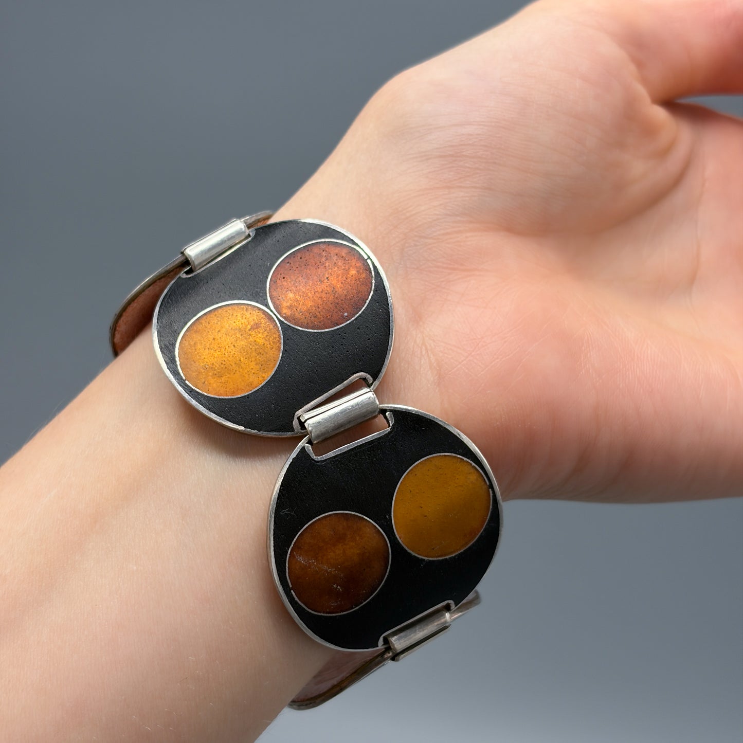 Estate German Polychrome Matte Enamel & Sterling Silver Circular Link Bracelet No 10