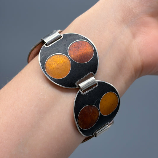 Estate German Polychrome Matte Enamel & Sterling Silver Circular Link Bracelet No 10