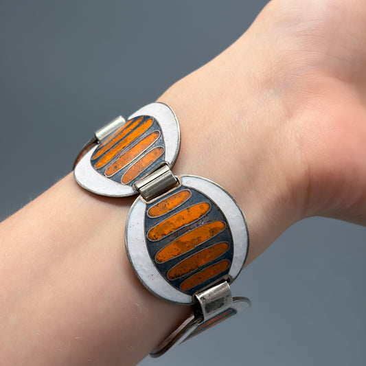 Estate German Polychrome Matte Enamel & Sterling Silver Circular Link Bracelet No 11