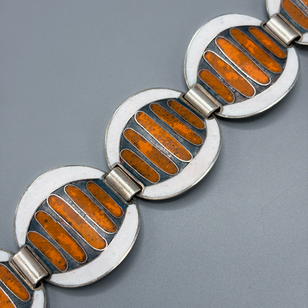 Estate German Polychrome Matte Enamel & Sterling Silver Circular Link Bracelet No 11