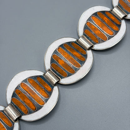 Estate German Polychrome Matte Enamel & Sterling Silver Circular Link Bracelet No 11