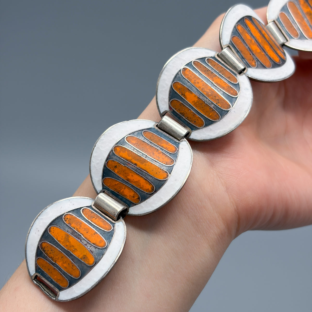 Estate German Polychrome Matte Enamel & Sterling Silver Circular Link Bracelet No 11