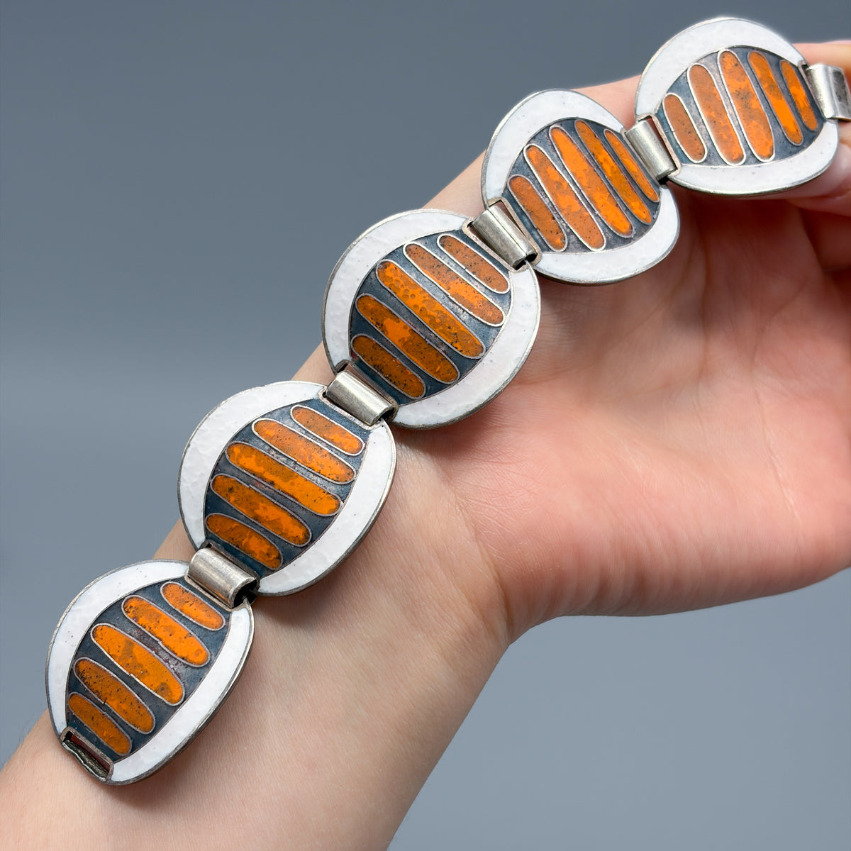 Estate German Polychrome Matte Enamel & Sterling Silver Circular Link Bracelet No 11