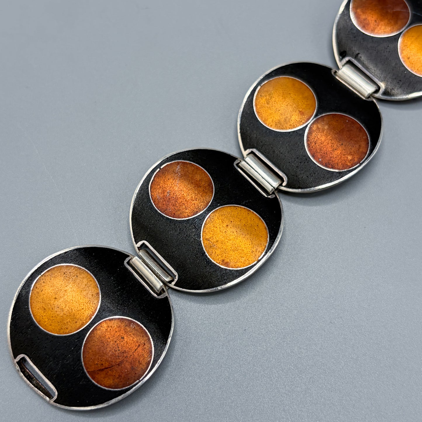 Estate German Polychrome Matte Enamel & Sterling Silver Circular Link Bracelet No 10