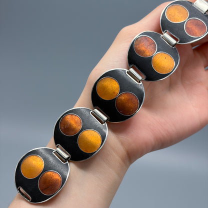 Estate German Polychrome Matte Enamel & Sterling Silver Circular Link Bracelet No 10
