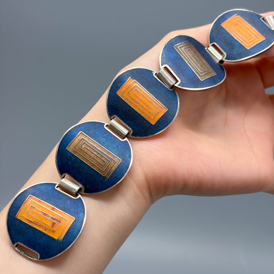 Estate German Polychrome Matte Enamel & Sterling Silver Circular Link Bracelet No 9