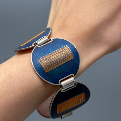 Estate German Polychrome Matte Enamel & Sterling Silver Circular Link Bracelet No 9