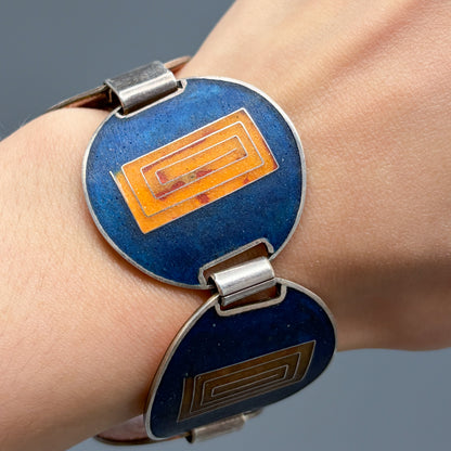 Estate German Polychrome Matte Enamel & Sterling Silver Circular Link Bracelet No 9