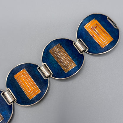 Estate German Polychrome Matte Enamel & Sterling Silver Circular Link Bracelet No 9