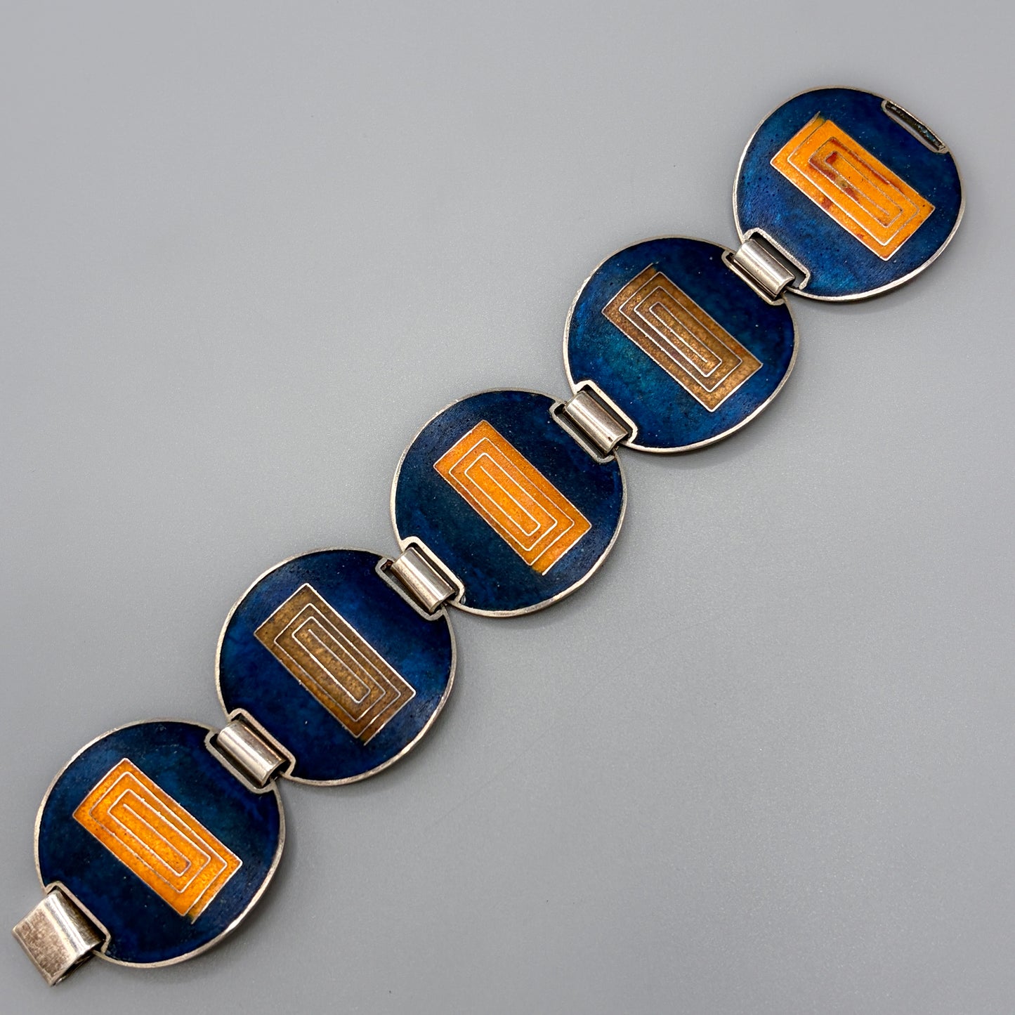 Estate German Polychrome Matte Enamel & Sterling Silver Circular Link Bracelet No 9