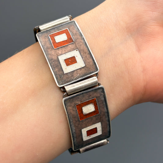 Estate German Polychrome Matte Enamel & Sterling Silver Medium Link Bracelet No 6