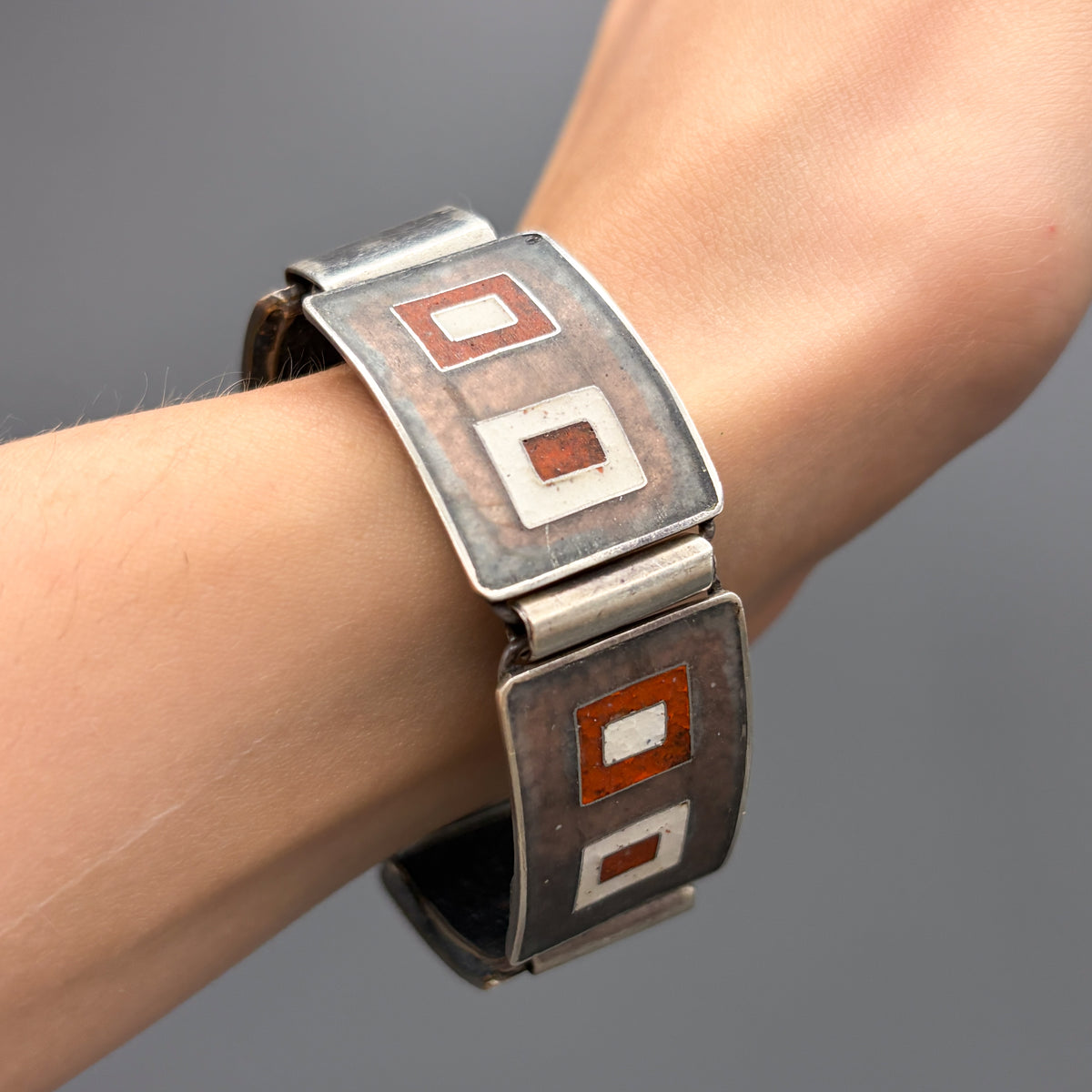 Estate German Polychrome Matte Enamel & Sterling Silver Medium Link Bracelet No 6