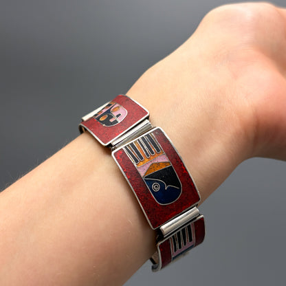 Estate German Polychrome Matte Enamel & Sterling Silver Medium Link Bracelet No 5
