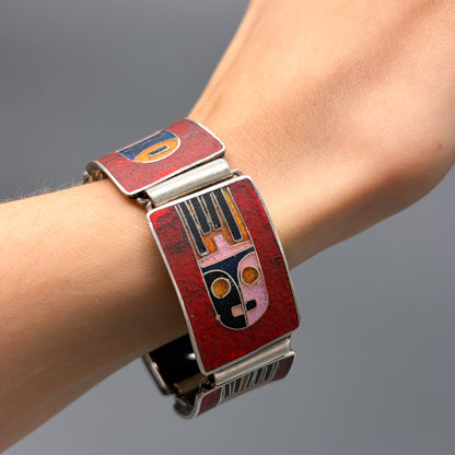 Estate German Polychrome Matte Enamel & Sterling Silver Medium Link Bracelet No 5