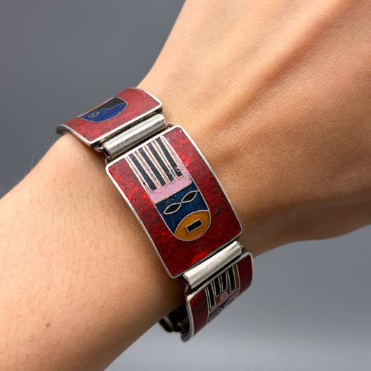 Estate German Polychrome Matte Enamel & Sterling Silver Medium Link Bracelet No 5
