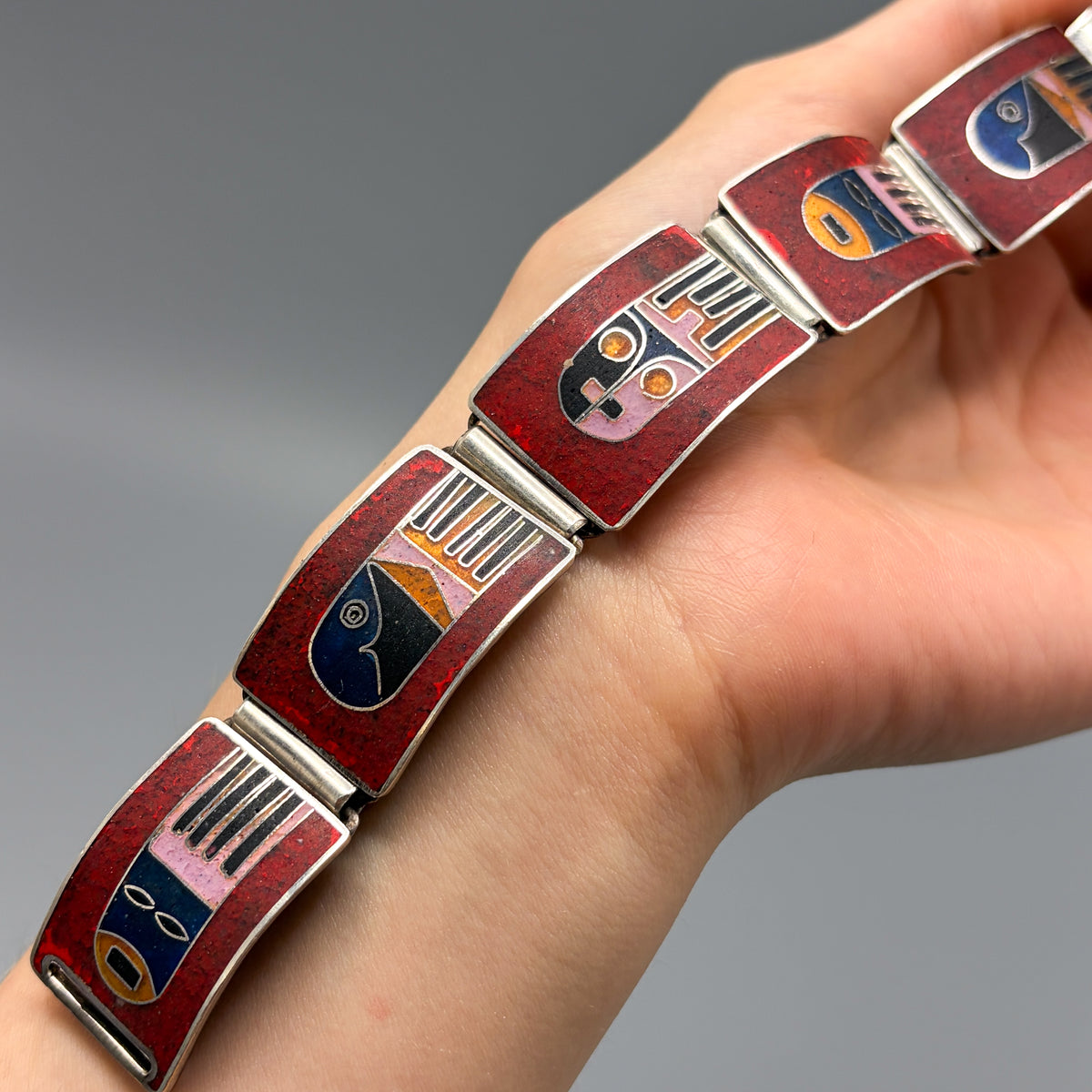 Estate German Polychrome Matte Enamel & Sterling Silver Medium Link Bracelet No 5