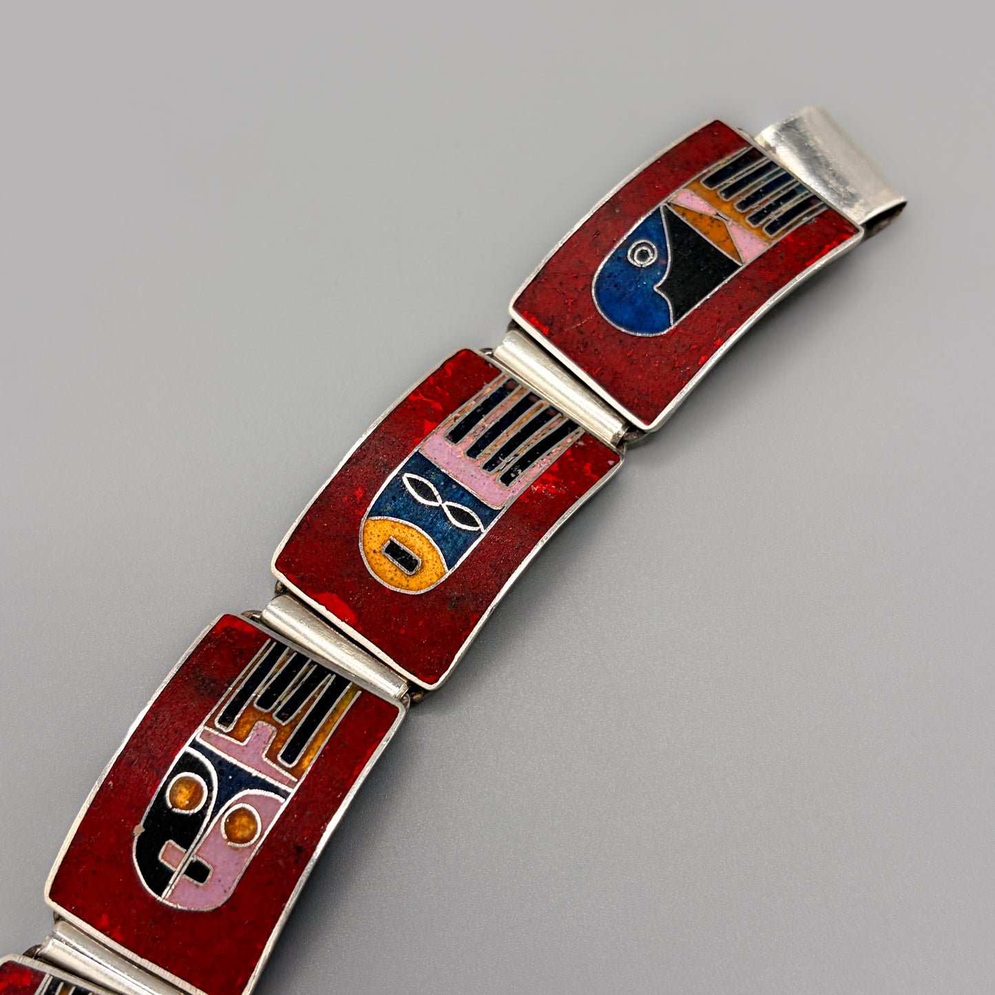 Estate German Polychrome Matte Enamel & Sterling Silver Medium Link Bracelet No 5