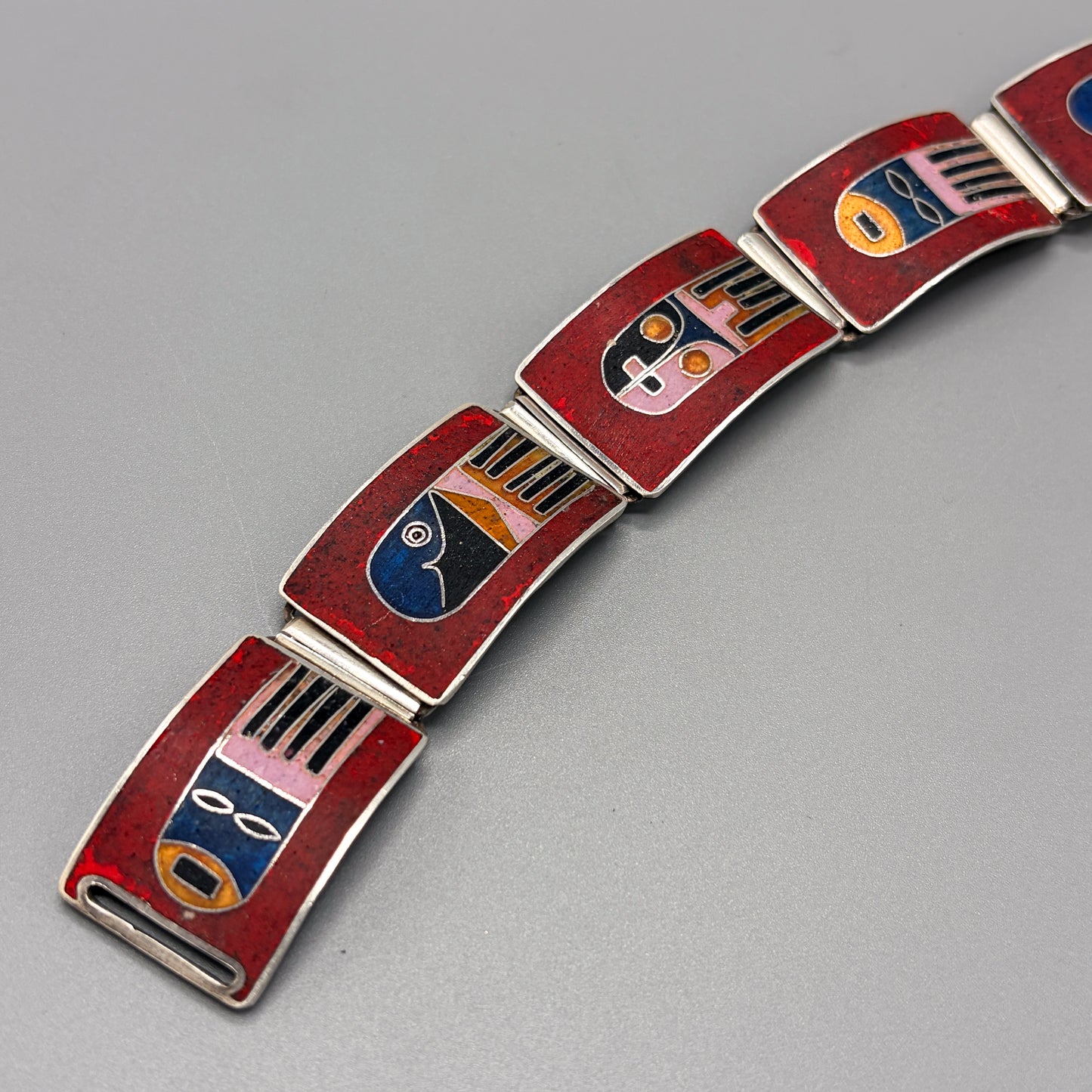 Estate German Polychrome Matte Enamel & Sterling Silver Medium Link Bracelet No 5
