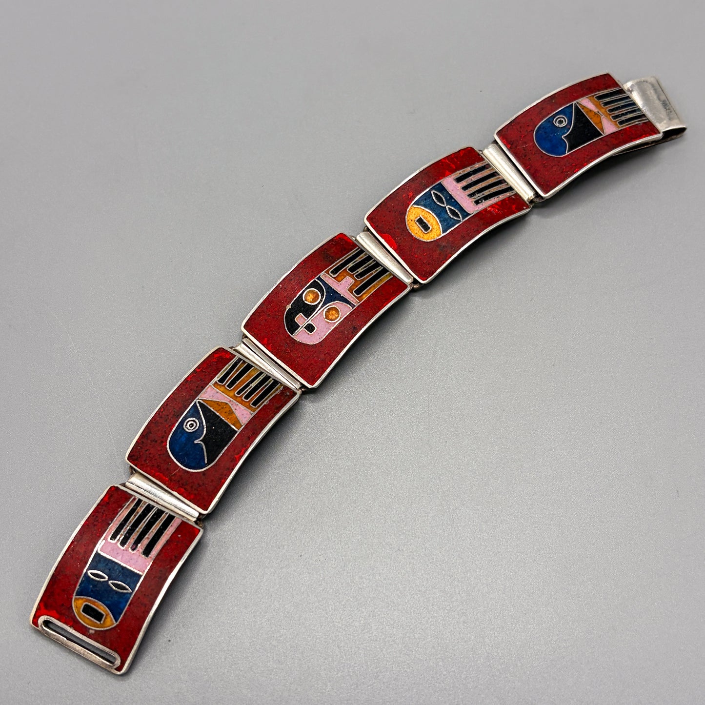 Estate German Polychrome Matte Enamel & Sterling Silver Medium Link Bracelet No 5