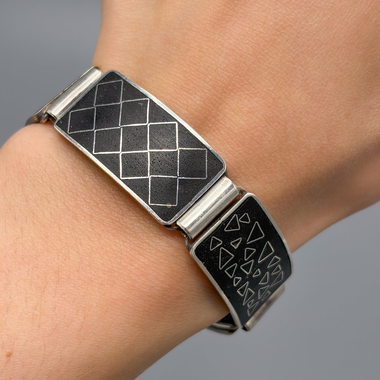 Estate German Black Matte Enamel & Sterling Silver Small Link Bracelet No 3