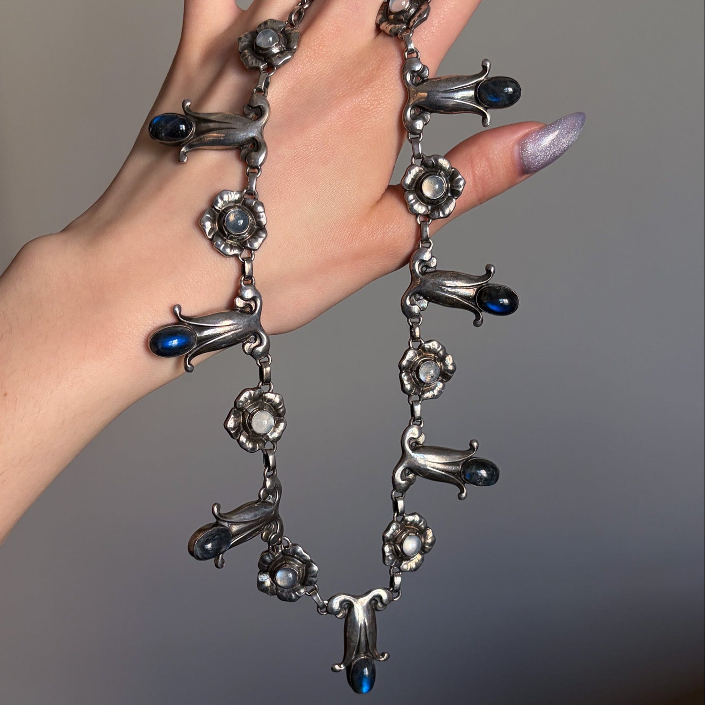 Georg Jensen 830 Silver Necklace No. 7 with Labradorite and Moonstones
