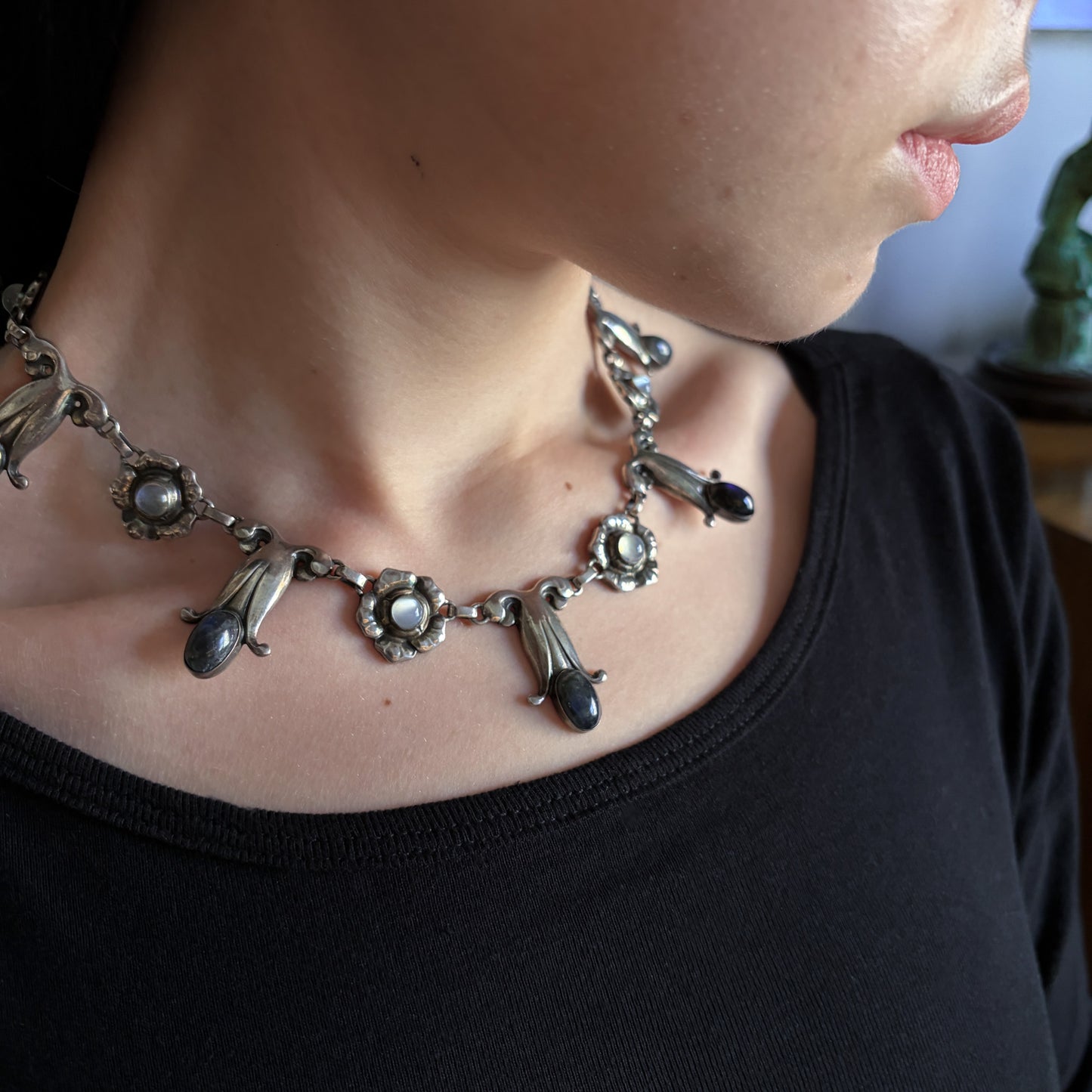 Georg Jensen 830 Silver Necklace No. 7 with Labradorite and Moonstones