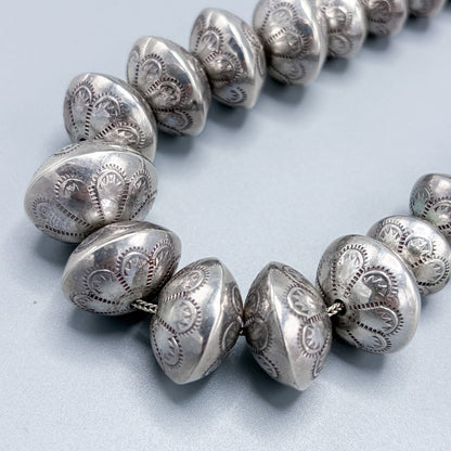 Estate Sterling Silver Stamped & Graduated Navajo Beaded Necklace