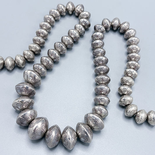 Estate Sterling Silver Stamped & Graduated Navajo Beaded Necklace