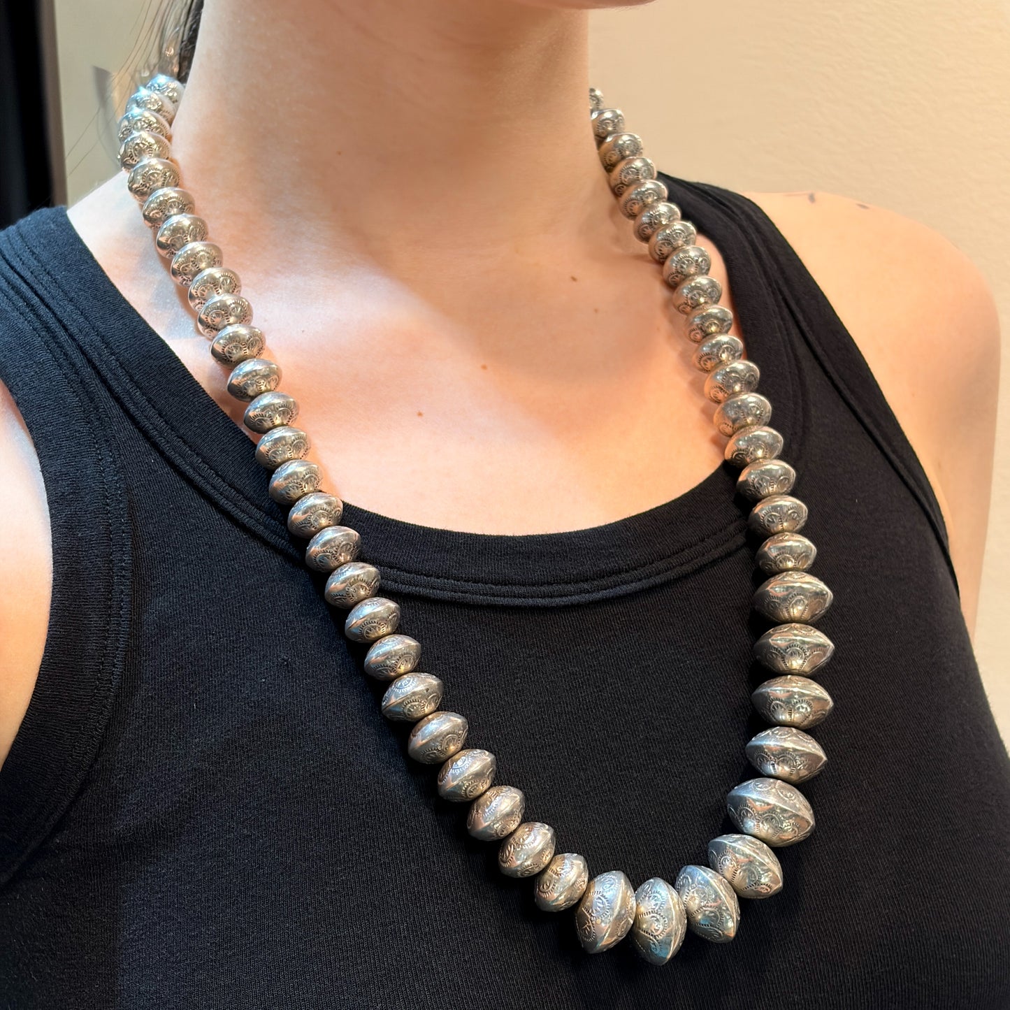 Estate Sterling Silver Stamped & Graduated Navajo Beaded Necklace